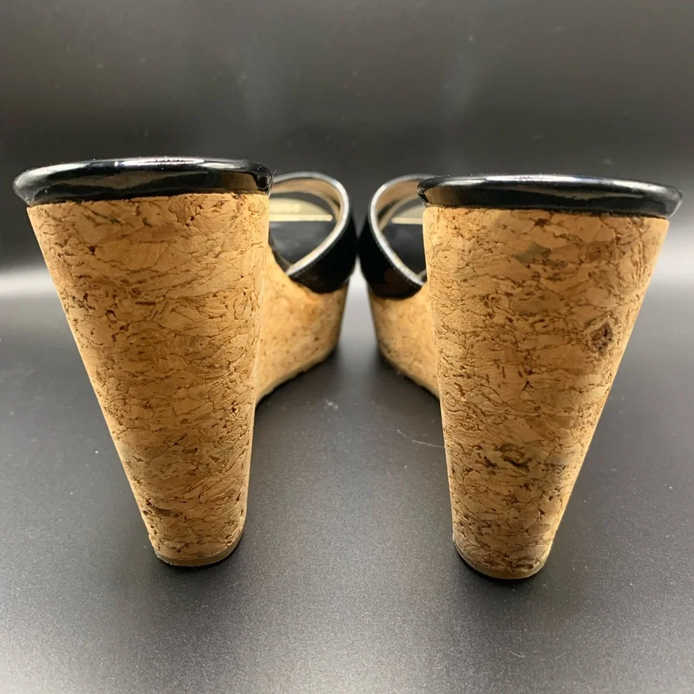 Jimmy Choo Black Patent Cork Wedge Sandals